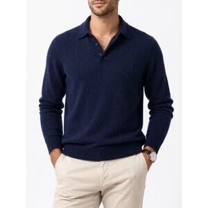 Quince Cashmere Polo Sweater Men's Large Navy Blue Knit Luxury Pullover